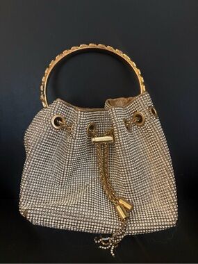 Gold Crystal Drawstring Bucket Bag with Metal Handle